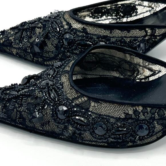 Oscar de la Renta Black Beaded Mesh Slingback Heels, Size 9 - Picture 6 of 10